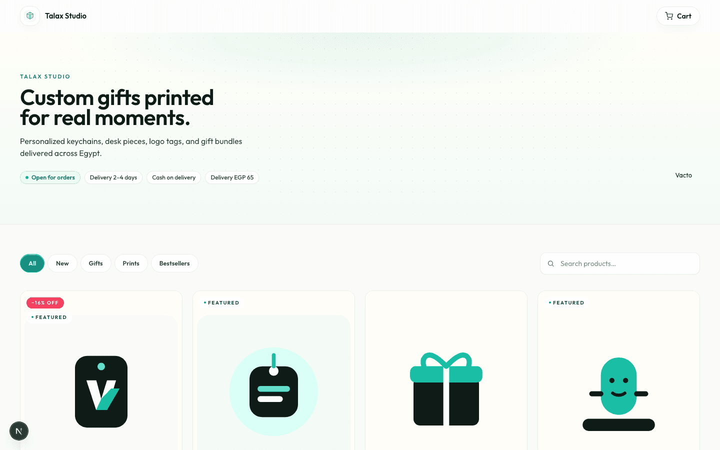 Talax Studio — actual Vacto sample storefront