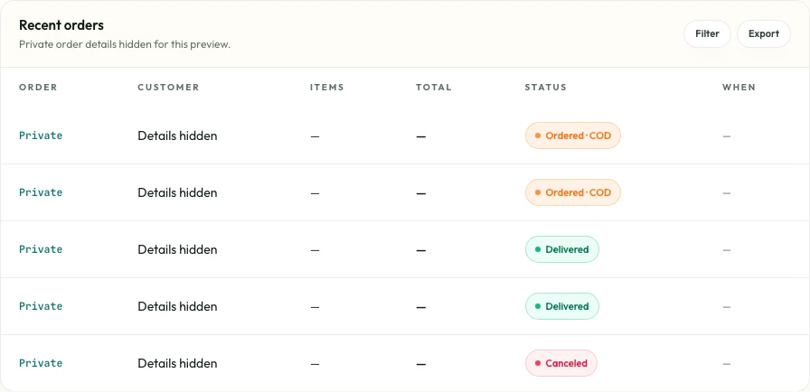 Actual Vacto order interface with private details masked