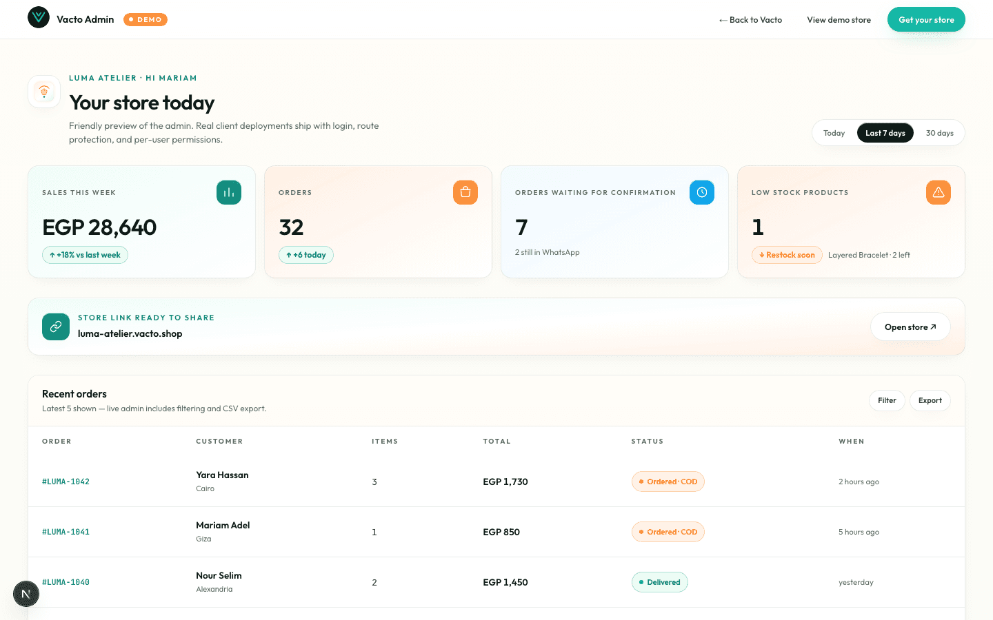 Vacto demo seller workspace showing products and orders